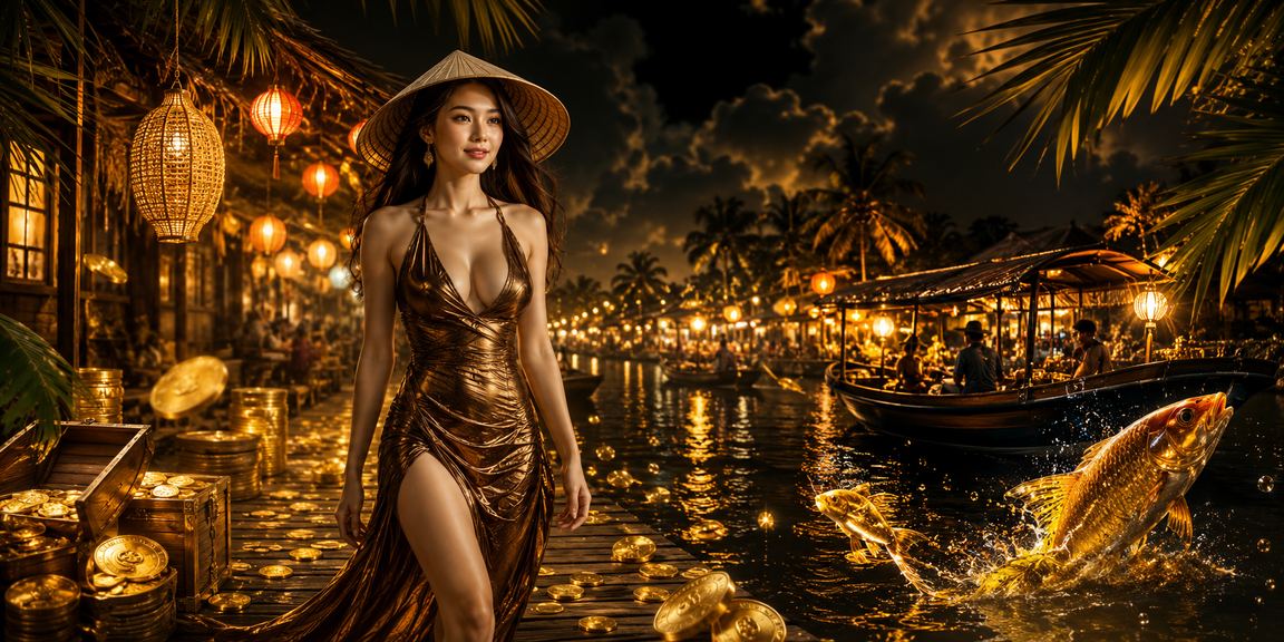 Khung cảnh đồng bằng sông Cửu Long với trò chơi bắn cá và nón lá truyền thống Việt Nam